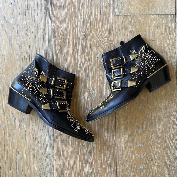 CHLOE Susanna Studded Leather Ankle Boots Black Gold 37.5 - Picture 3 of 10